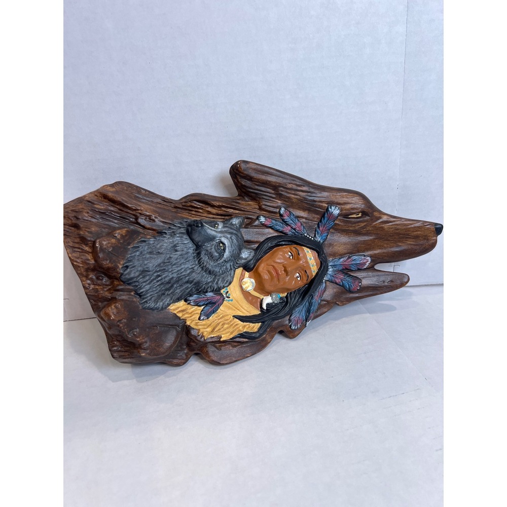 Native American Chief and Wolf Resin Sculpture Howling‎ Wolf Faux Wood Figurine - Picture 7 of 10